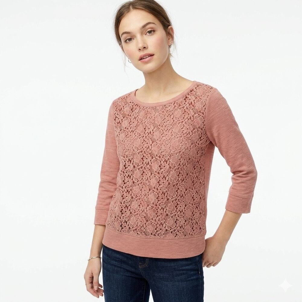 Ann Taylor Loft Women's Crochet Sweatshirt Top XS Pink 3/4 Sleeve Floral Lace